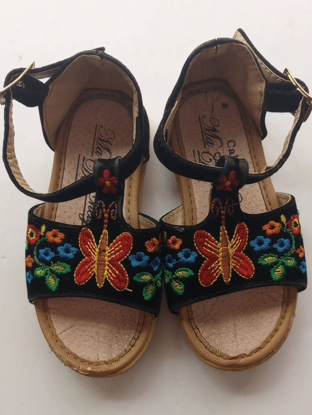 Made In Mexico Black Velvet Toddler Girl Embroidered Butterfly Flower Sandals 7